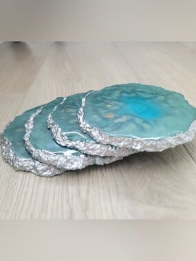 Handmade Teal Resin Agate Coasters with Silver Edge - Home Art